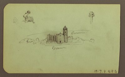 Kresba, kopce, kostel, most; Verso: postava, kříž, kostel, 1883 od Frederic Edwin Church