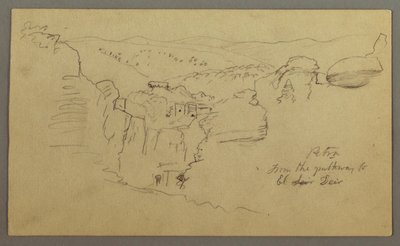 Skica. Pohled na Khirbet en Wasara "Petra / z části do / El Deir" od Frederic Edwin Church