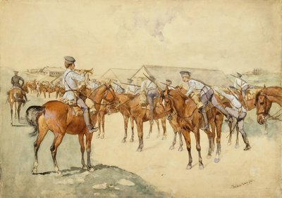 A Call to Arms (Dragoons, Mount!) 1892-93 (wc, kvaš, pero a inkoust, tužka a tělová barva na papíře) od Frederic Remington