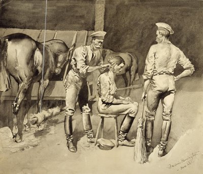 Stříhání ve stáji kavalerie od Frederic Remington