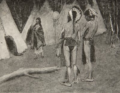 A její milenci, odmítnutí,... Hezcí muži s barvou a peřím, z The Song of Hiawatha od Henryho Wadswortha Longfellowa (1807-82), hospoda. George G. Harrap und Company Ltd., 1911 od Frederic Remington