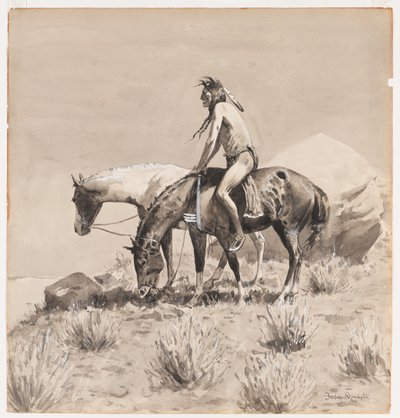 Pro Long Time He Stood, návrh pro The Way of Indian, pravděpodobně 1900 (inkoust a neprůhledná bílá na papíře) od Frederic Remington