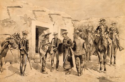US Cavalry Hunting Garza Men na Rio Grande, kolem roku 1892 (wc na papíře) od Frederic Remington