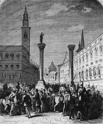 Kavalérie Italského království okupující Piazza dei Signori ve Vicenze, osvobozená od Rakušanů v roce 1866. Rytina z kresby Lixe. V “” L