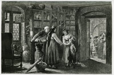 U lékárníka ve vesnici Kaysersberg (nebo Kaisersberg, Alsasko), pohotovostní konzultace. Rytina od F. Lixe k ilustraci příběhu „Alsasko a Lotrinsko“, v roce 1884, od Charlese Grada (1842-1890), německého zástupce, spisovatele a přírodovědce. Hospoda od Frederic Theodore Lix