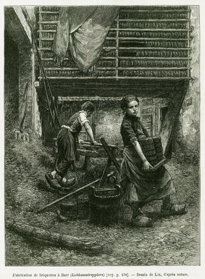 Dětská práce při briketování, Barr. Rytina od Lixe, k ilustraci příběhu A Through Alsace and Lorraine, v roce 1887, Charles Grad, německý zástupce, v tour du monde 1888, režie Edouard Charton (1807-1890), Hachette, Paříž. od Frederic Theodore Lix