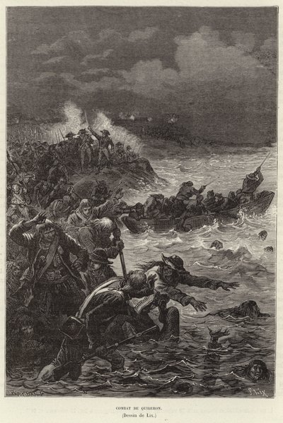 Combat de Quiberon. Stoupenci Chouannerie a povstání Vendee pokoušející se uprchnout republikánskými silami u Quiberonu, Francie, Francouzská revoluce od Frederic Theodore Lix