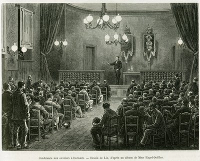 Konference pro pracovníky dílen Dollfus Mieg v Dornachu. Rytina od Lixe k ilustraci příběhu A Through Alsace and Lorraine, Charles Grad, německý zástupce, v roce 1885, v tour du monde 1886, režie Edouard Charton (1807-1890), Hache od Frederic Theodore Lix