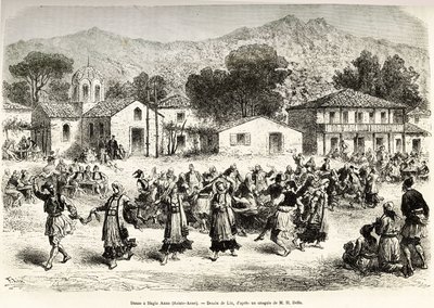 Lidový tanec na návsi Haggia Anna (sv. Anna). Rytina podle kresby Lixe, pro ilustraci plavby v Řecku, od Henri Belle, v letech 1861-1868-1874, publikovaná v „“Le tour du monde“““ 1876, editoval Edouard Charton, vydání Hachette, Paříž od Frederic Theodore Lix