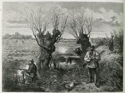 Lov zajíce. Rytina od F. Lixe, k ilustraci příběhu „Through Alsace and Lorraine“, v roce 1884, Charles Grad od Frederic Theodore Lix