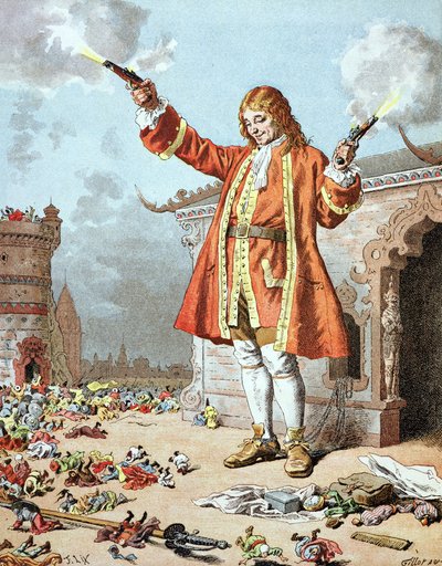 „Všichni spadli dozadu, jako by je udeřil hrom“, ilustrace z „Gulliver