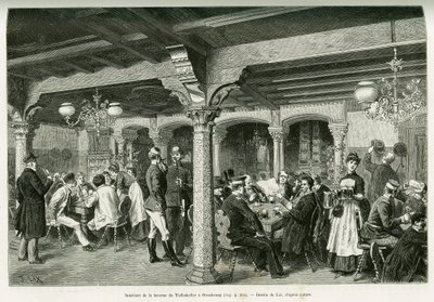 Interiér taverny Tiefenkeller ve Štrasburku. Rytina od Lixe, k ilustraci příběhu A Through Alsace and Lorraine, v roce 1887, Charles Grad, německý zástupce, v tour du monde 1888, režie Edouard Charton (1807-1890), Hachette, Paříž. od Frederic Theodore Lix