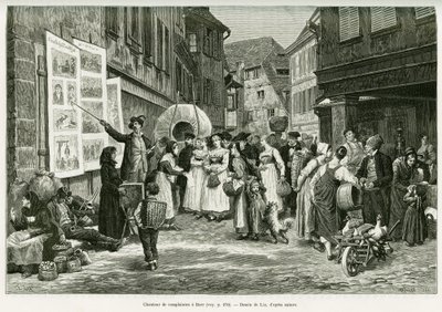 Lament zpěvák v ulicích Barr. Rytina od Lixe, k ilustraci příběhu A Through Alsace and Lorraine, v roce 1887, Charles Grad, německý zástupce, v tour du monde 1888, režie Edouard Charton (1807-1890), Hachette, Paříž. od Frederic Theodore Lix