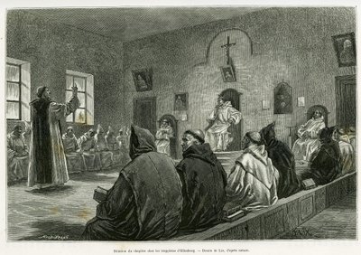 Setkání kapituly mezi trapisty z Oelenbergu. Rytina od Lixe k ilustraci příběhu A travers l