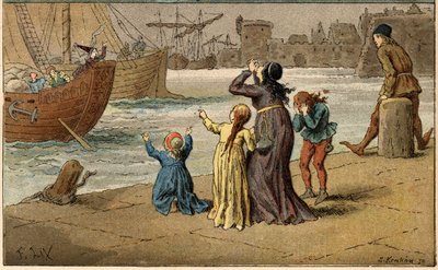 Populární píseň: „A Nantes est coming““. Děti truchlí nad svým mořem, které odnesl námořník. Ilustrace (detail) Frederica Theodora Lixe (1830-1897) v „“ Chansons et rounds enfantines des provincis de la France““ od Frederic Theodore Lix