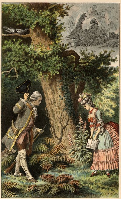 Populární píseň: „Pojďme do tohoto kouzelného malého dřeva““. Ilustrace Frederica Theodora Lixe (1830-1897) v „“ Chansons et rounds enfantines des provincis de la France““ od Frederic Theodore Lix