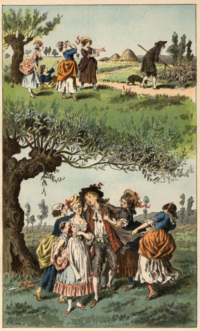 Populární píseň: „Byly jsme tři dívky““. Ilustrace Frederica Theodora Lixe (1830-1897) v „“Dětské písně a kolečka z provincií Francie““ od Frederic Theodore Lix