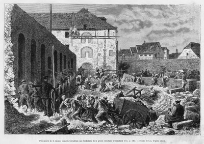 Vězni centrálního domu pracující na základech cely Ensisheim. Rytina od Lixe k ilustraci příběhu A travers l