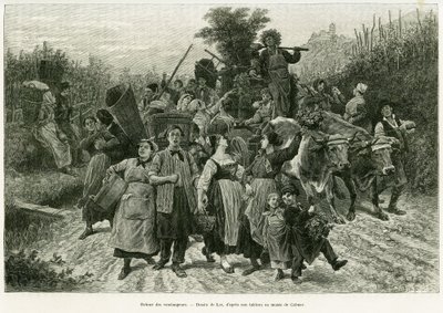 Návrat úrody. Rytina od Lixe, k ilustraci příběhu A Through Alsace and Lorraine, v roce 1887, Charles Grad, německý zástupce, v tour du monde 1888, režie Edouard Charton (1807-1890), Hachette, Paříž. od Frederic Theodore Lix