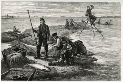 Lov lososů. Rytina od F. Lixe k ilustraci příběhu „Alsasko a Lotrinsko“, v roce 1884, od Charlese Grada (1842-1890), německého zástupce, spisovatele a přírodovědce. Vyšlo v Le Tour du monde, nouveau journal des voyages, 2. semestr 1885, vyd. od Frederic Theodore Lix