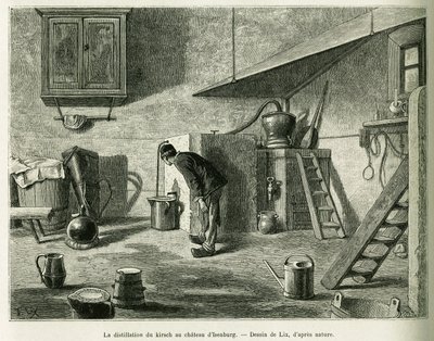 Destilace třešně na zámku Isenburg. Rytina od Lixe, k ilustraci příběhu A Through Alsace and Lorraine, v roce 1887, Charles Grad, německý zástupce, v tour du monde 1888, režie Edouard Charton (1807-1890), Hachette, Paříž. od Frederic Theodore Lix