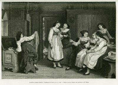 Starý alsaský kostým. Rytina od Lixe, podle obrazu Present de Noces od Pabsta, k ilustraci příběhu A Through Alsasko a Lotrinsko, od Charlese Grada, německého zástupce, v roce 1885, v tour du monde 1887, pod vedením Edouarda Chartona (1807 od Frederic Theodore Lix