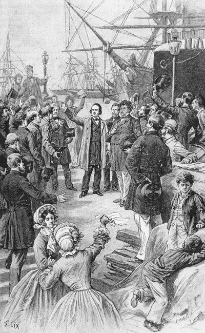 Victor Hugo (1802-85) se loučí se svými přáteli a příznivci v Antverpách dne 1. srpna 1852, kolem roku 1885 od Frederic Theodore Lix