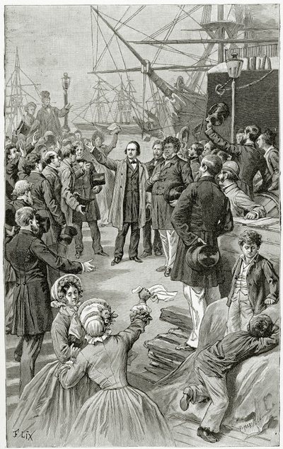 Victor Hugo během projevu v exilu 1. srpna 1852 volá po všeobecné republice, 19. století (čb rytina) od Frederic Theodore Lix