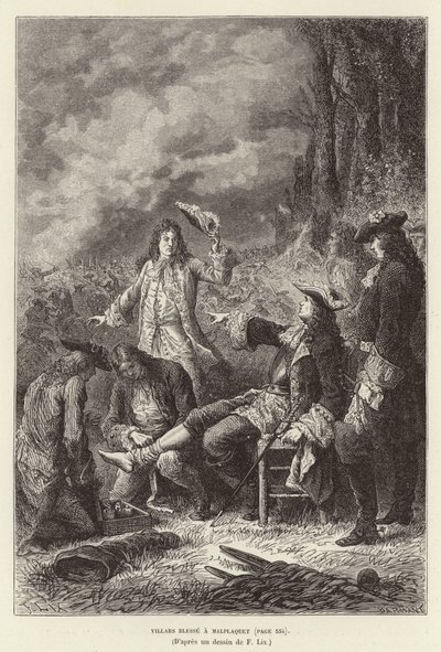 Villars požehnal Malplaquet. Claude Louis Hector de Villars, maršál Francie, zraněn v bitvě u Malplaquet, válce o španělské dědictví od Frederic Theodore Lix
