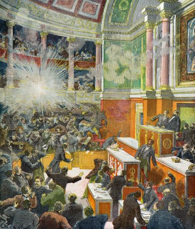 výbuch bomby, kterou hodil Auguste Vaillant. od Frederic Theodore Lix
