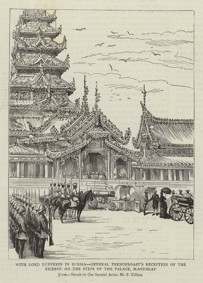S Lordem Dufferinem v Barmě, Recepce místokrále generála Prendergasta na schodech paláce, Mandalay od Frederic Villiers
