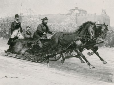 Sáně s modrou hedvábnou sítí, aby se zabránilo sněhu rozstřikovat okupanty, Kreml v pozadí od Frederic de Haenen
