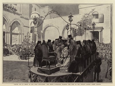Předvečer Velikonoc před Svatým hrobem, řecký patriarcha umývá nohy dvanácti nejstarším řeckým kněžím od Frederic de Haenen