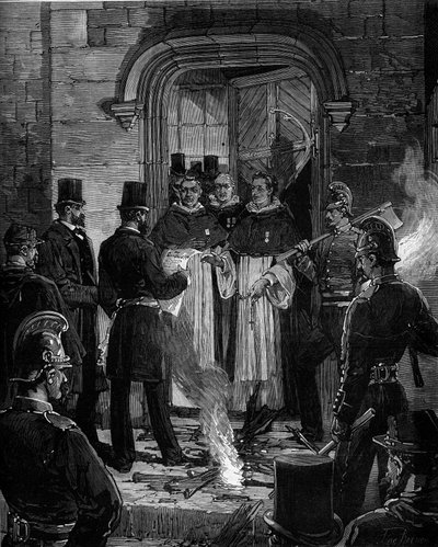 Vyhoštění dominikánů z Rue de Jean de Beauvais v Paříži po dekretech z března 1880 přijatých Julesem Ferrym a odebrání práva vyučovat členy nepovolených náboženských kongregací: čtení aktu oznámení dekretů R. P. Mercimu od Frederic de Haenen