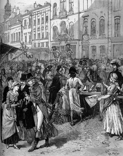 Historická oslava připomenutí si obléhání Lille v roce 1792: Braderie Watteau (velký jarmark) v ulicích města s módními obyvateli 18. století. Rytina od De Haenena v „“ Le Monde Illustré““ č. 1334 z 21. října od Frederic de Haenen