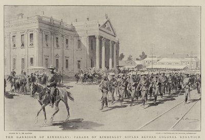 Garrison of Kimberley, přehlídka pušek Kimberley před plukovníkem Kekewichem od Frederic de Haenen
