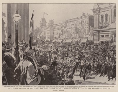 Námořní brigáda ve městě, starosta v Mansion House sleduje procesí procházející kolem od Frederic de Haenen