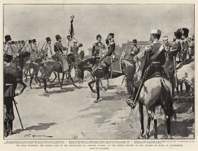 Car sleduje březnovou minulost své osobní stráže (2. kozácká garda) na jarním přezkumu na Champs de Mars v Petrohradě od Frederic de Haenen
