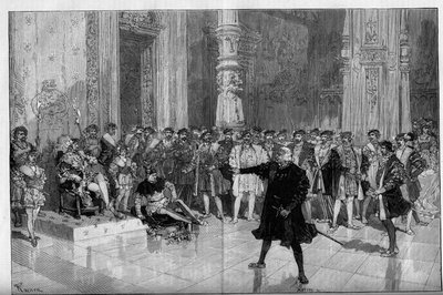 Divadelní ztvárnění: „Král se baví“ od Victora Huga (1808-1883). První dějství, scéna 5: pokoj v Louvru, kletba. M. de Saint Vallier (Saint-Vallier) před králem Francoisem I. (Mounet Sully (nebo Mounet Sully) 1841-1916) a šaškem Tribouletem (Edmond od Frederic de Haenen