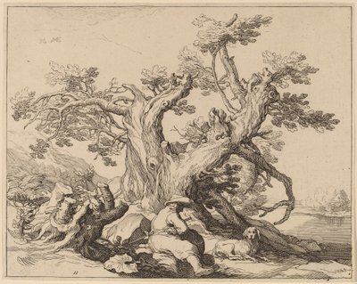 Muž a jeho pes odpočívá u velkého stromu od Frederick Bloemaert after Abraham Bloemaert