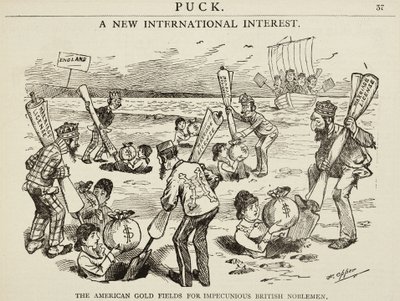 Kreslený film zobrazující „Americká zlatá pole pro bezmocné britské šlechtice“, 1880 od Frederick Burr Opper