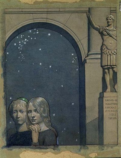 Děti vstupují do Paláce luxusu, pravděpodobně z „Modrého ptáka“ od Maeterlincka od Frederick Cayley Robinson