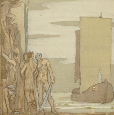 Přistání svatého Patrika v Irsku, kolem roku 1912 (tempera na dřevě) od Frederick Cayley Robinson