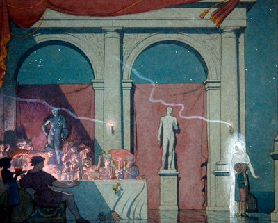 Tyltyl otáčí diamant, ilustrace ze čtvrtého dějství, scéna IV, „Modrý pták, pohádková hra o šesti dějstvích“ od Maurice Maeterlincka, vydaná v Londýně v roce 1911 (akvarel, tužka a tělová barva na papíře) od Frederick Cayley Robinson