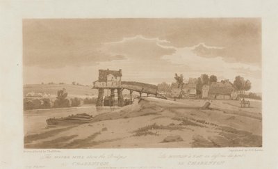 Vodní mlýn nad mostem v Charentonu 1803; Deska 20 z Views v Paříži, Emanuel Volume tracing of plate B181.25.2629 od Frederick Christian Lewis the Elder