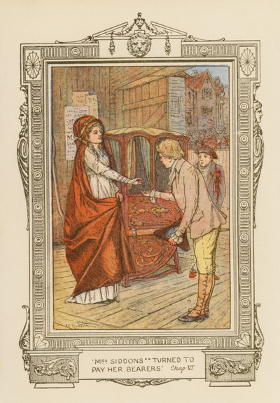"Paní Siddonsová se obrátila, aby zaplatila svým nosičům" (barevná litografie) od Frederick Colin Tilney