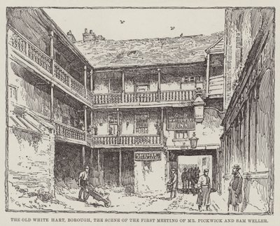 The Old White Hart, Borough, Scéna prvního setkání pana Pickwicka a Sama Wellera od Frederick George Kitton