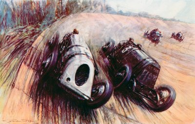 Bitva obrů u Brooklands, bílý Leyland Parryho Thomase bojuje s Eldridgeovým velkým Fiatem na břehu (barevné lito) od Frederick Gordon (after) Crosby