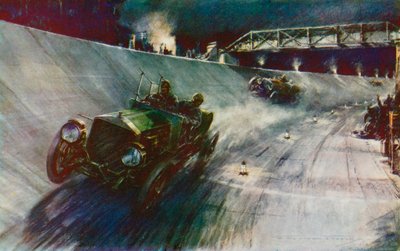 V roce 1907 se S F Edge, který řídil Napier jednou rukou, podařilo udržet rychlost 60 mph po dobu 24 hodin, což je první rekord na nové dráze v Brooklands (barevné litho). od Frederick Gordon (after) Crosby