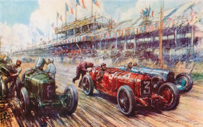 V Grand Prix 1924 vedla Alfa Romeo Ascari závod téměř do cíle, ale prohrála, protože motor po zastávce v boxech nenastartoval (barva litho). od Frederick Gordon (after) Crosby